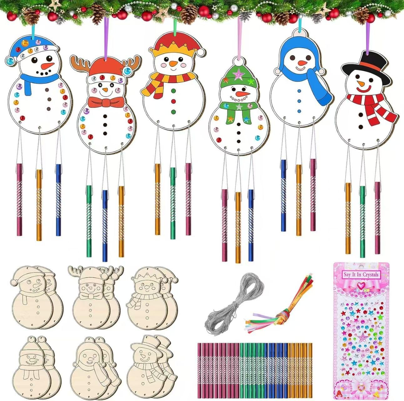 Cyhhsy 6 Pack Christmas Wind Chime Kit for Kids,DIY Color Your Own Wooden Wind Chime Santa Claus Snowman,Christmas Party Decorative Hanging Wind Chime, Suitable for Family Classroom Activities
