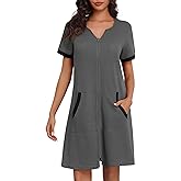 Ekouaer Women Zipper Robe Waffle Short Sleeve Bathrobes Lightweight Knee Length Housecoat with Pockets S-3XL