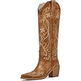 wetkiss Cowboy Boots for Women Knee High Cowgirl Boots, Western Boots with Floral Embroidered Pointed Toe Chunky Heel Pull On Retro Vintage Classic Tall Boots for Ladies