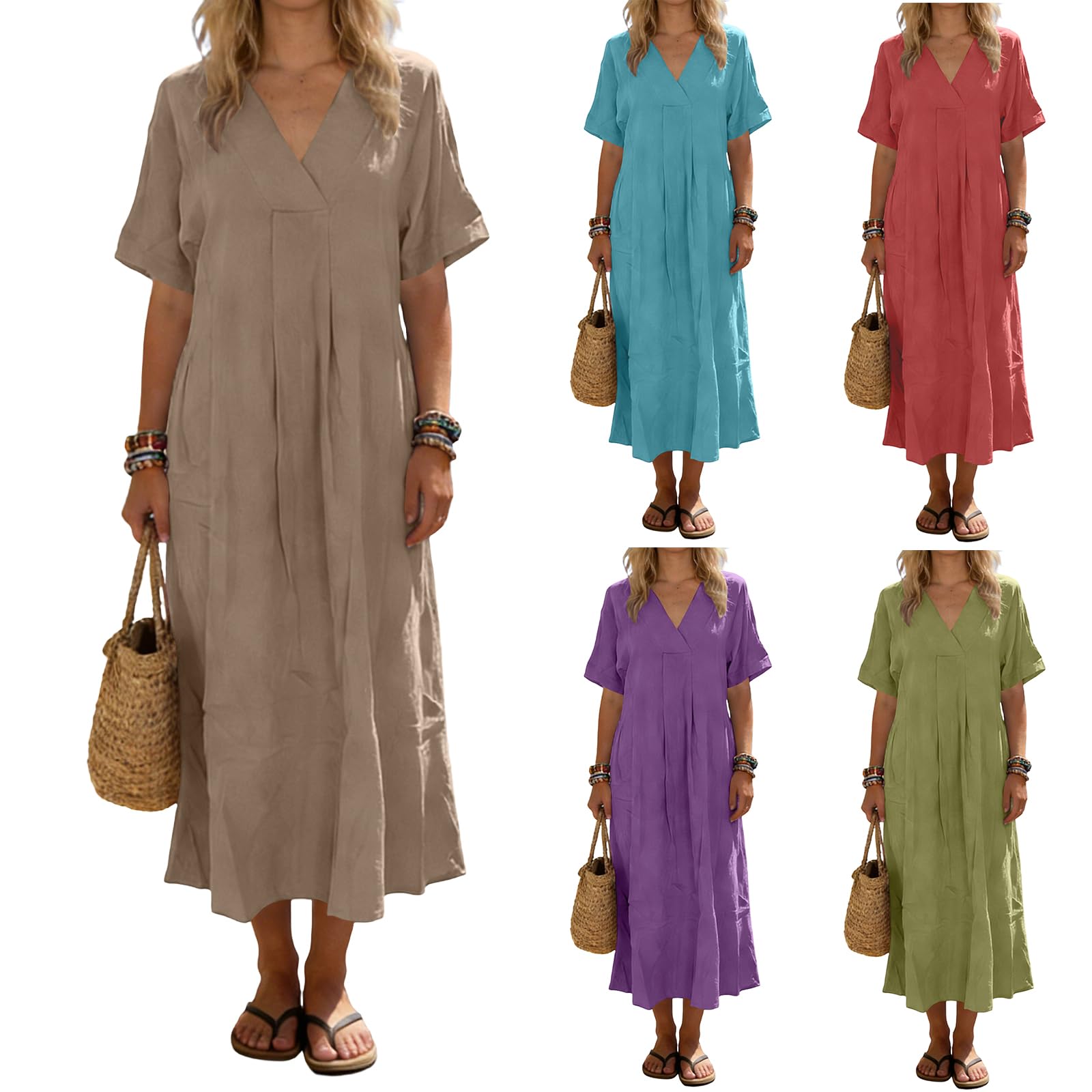 Linen Dress Women Maxi Empire Waist Dress for Women Casual Long Sundress with Pockets Beach Vacation Clothes Mexican Dress Vestido para La Playa de Mujer
