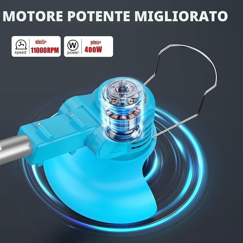 Decespugliatore a Batteria 21V, Tagliabordi a Batteria con 2 Batterie 2,0Ah, 2 Tipi di Lame in Metallo Tagliaerba Elettrico, Forbici Potatura, Angolazione Regolabili per Giardino Potatura (Blu)