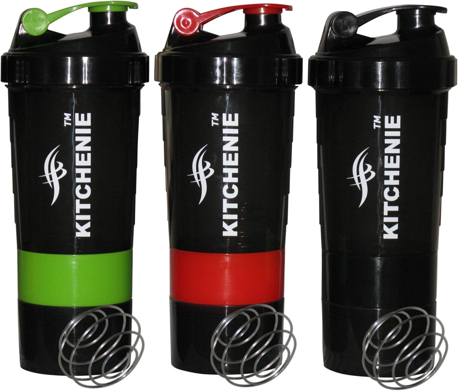 KITCHENIE Protein Shaker Bottle BPA Free-3 Pack-Easy Grip-Leak Proof Flip Cap-Stainless Steel Ice Shaker Ball, 20 Oz Drink Shaker Cup, 2 Twist-on Cups on Each Bottom for Powder & Capsule Organizer