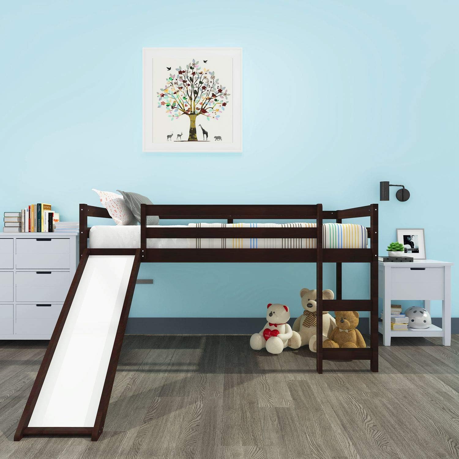 Solid Wood loft Bed Kids Slide loft Bed with Storage Space Kids Twin Bed Bedroom Furniture Multifunctional Design for for Boys and Girls (Espresso)