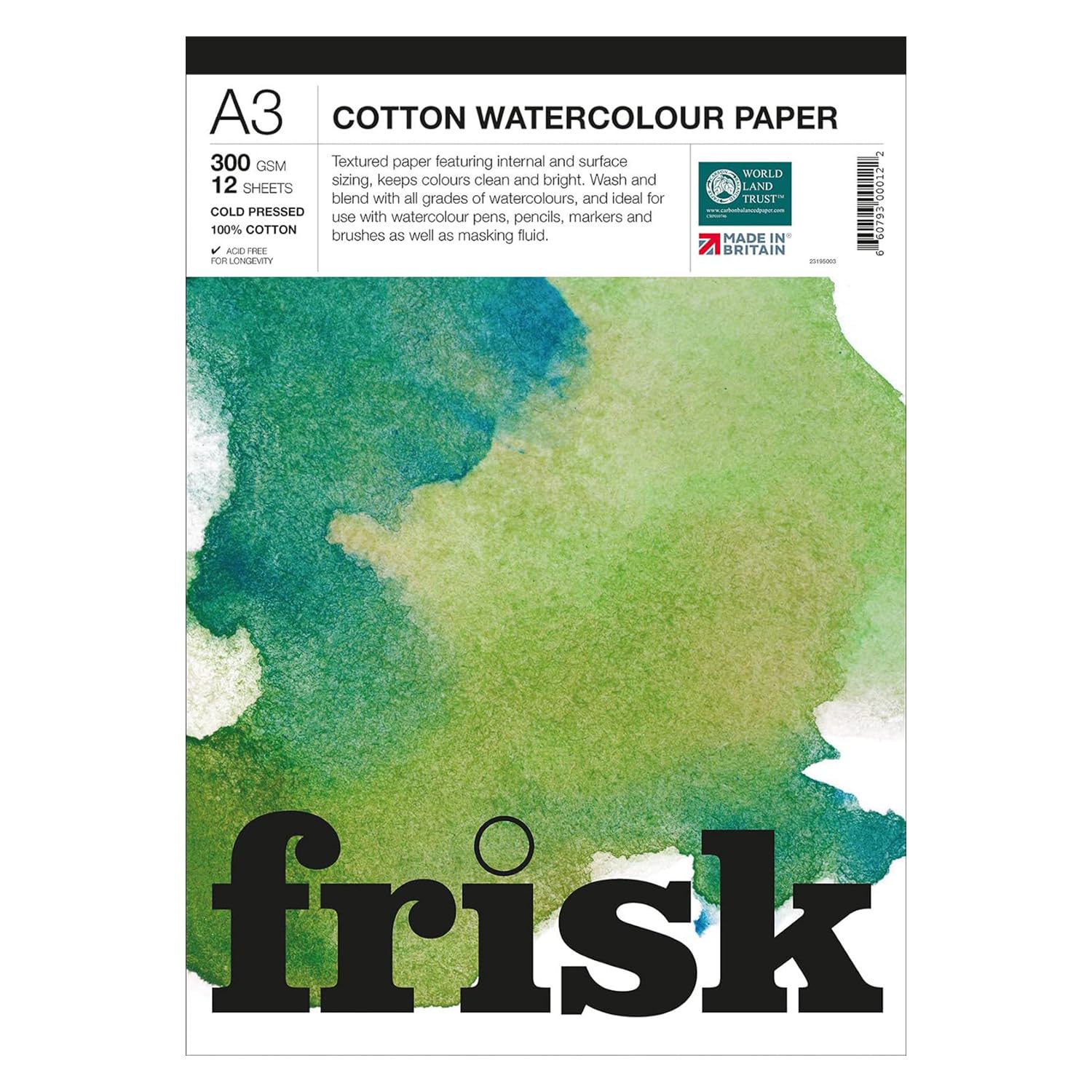 Frisk Watercolour Paper Pad 300gsm 100% Cotton Cold Pressed/Not 12sheets A3, White (23195003)