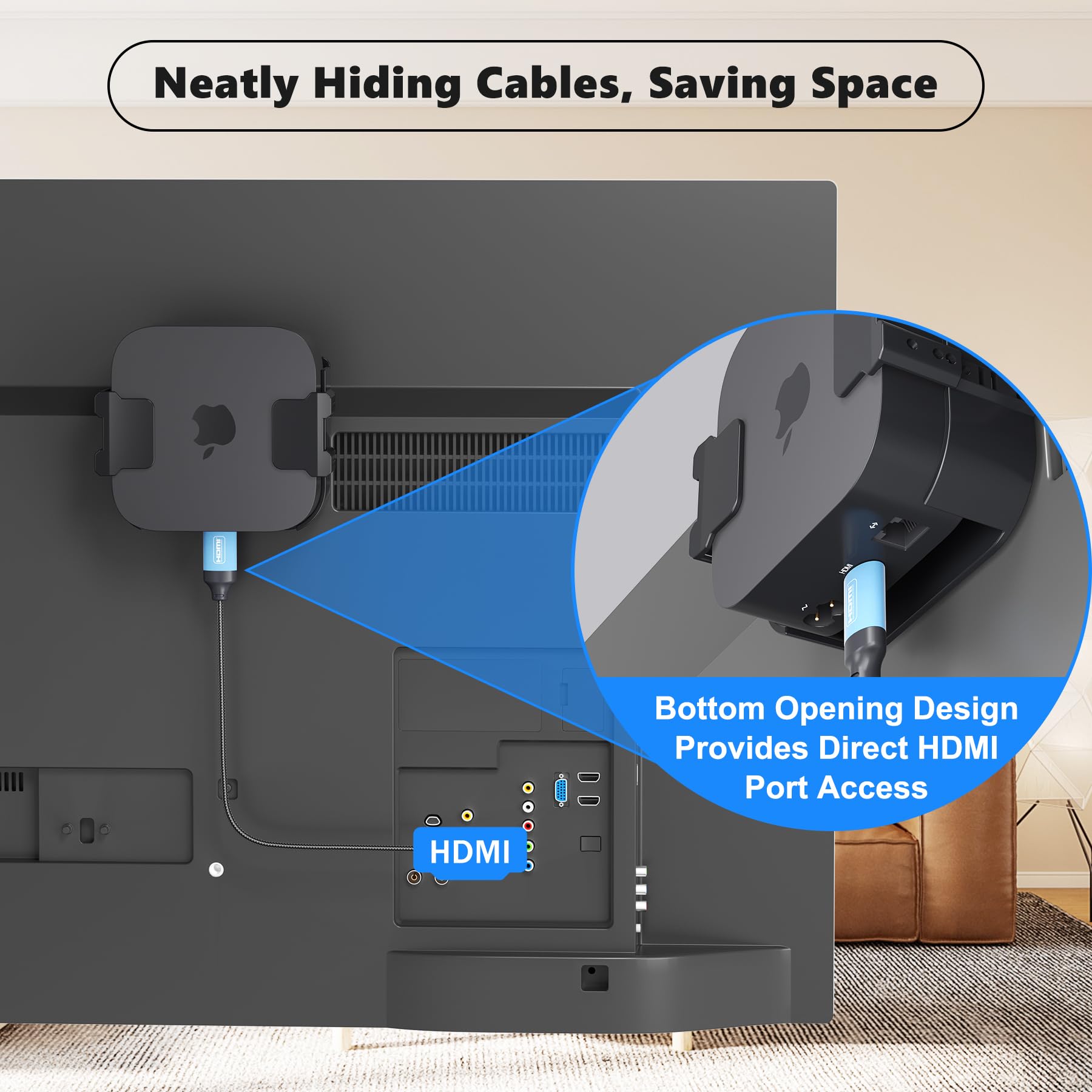 Behind TV Apple TV Mount, Apple TV Bracket Holder for Wall and Back of All Brand and Size Television, Compatible with All Apples TVs Generations (Including All 4K Models)
