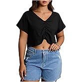MakeMeChic Women's Plus Size Ruched Front Short Sleeve Shirts Casual V Neck Crop Top Blouse