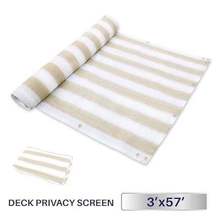 3 x 57, Beige/White Strips: Windscreen4less Deck Privacy Screen for Backyard, Patio, Balcony, Pool, Porch, Railiing, Gardening, Fence Shield Rails Protec