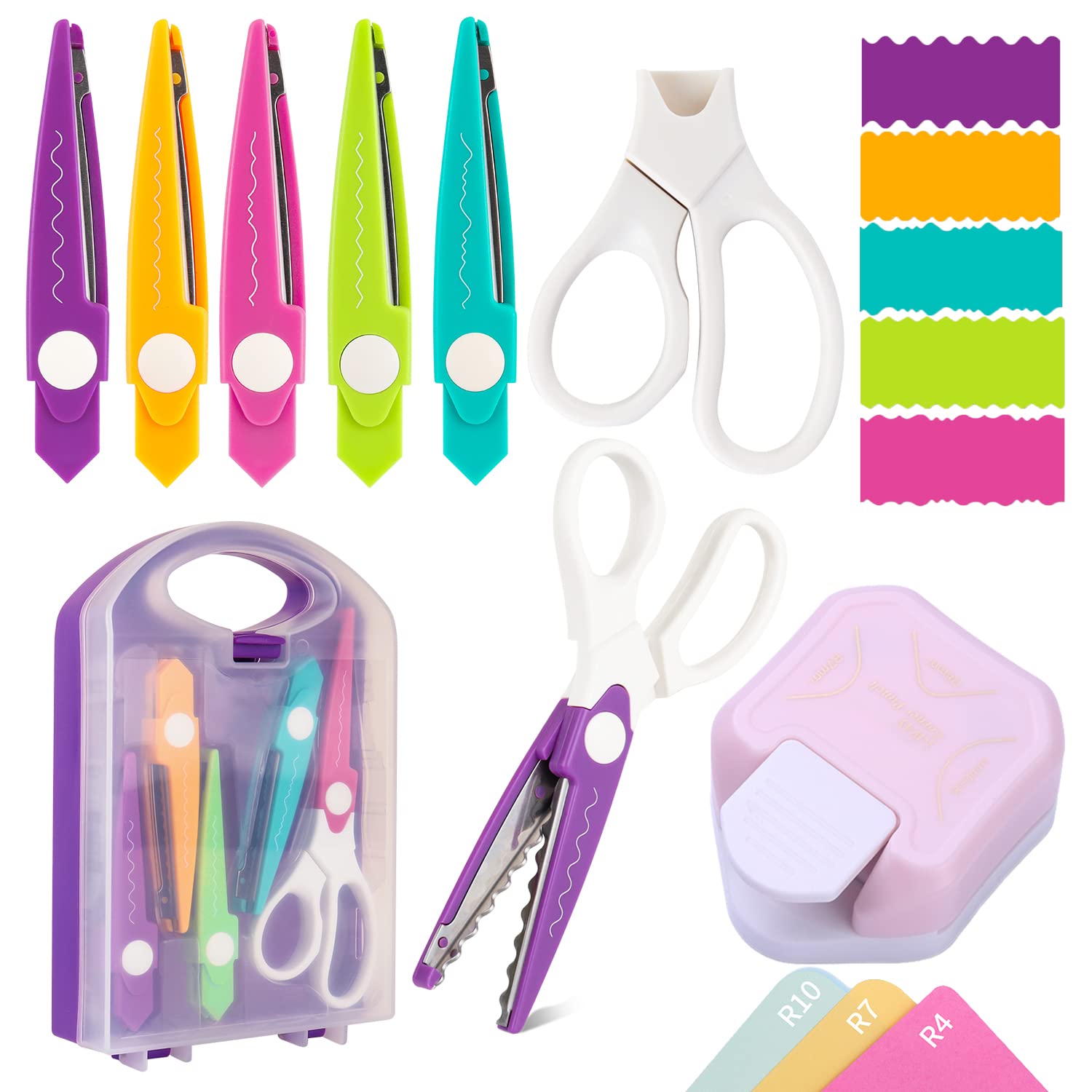 7Pcs Craft Scissors Set - 3 in 1 Corner Rounder Paper Punch With Storage Box - 5 Kinds Zig Zag Edges for DIY Projects, Paper Card, Photo, and Scrapbooking