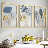 Cindeer 3 Pcs Metal Wall Decor for Living Room Gold Leaf Accent Wall Decor 17 x 12 Inch Wall Hanging Decoration with Frame Mo