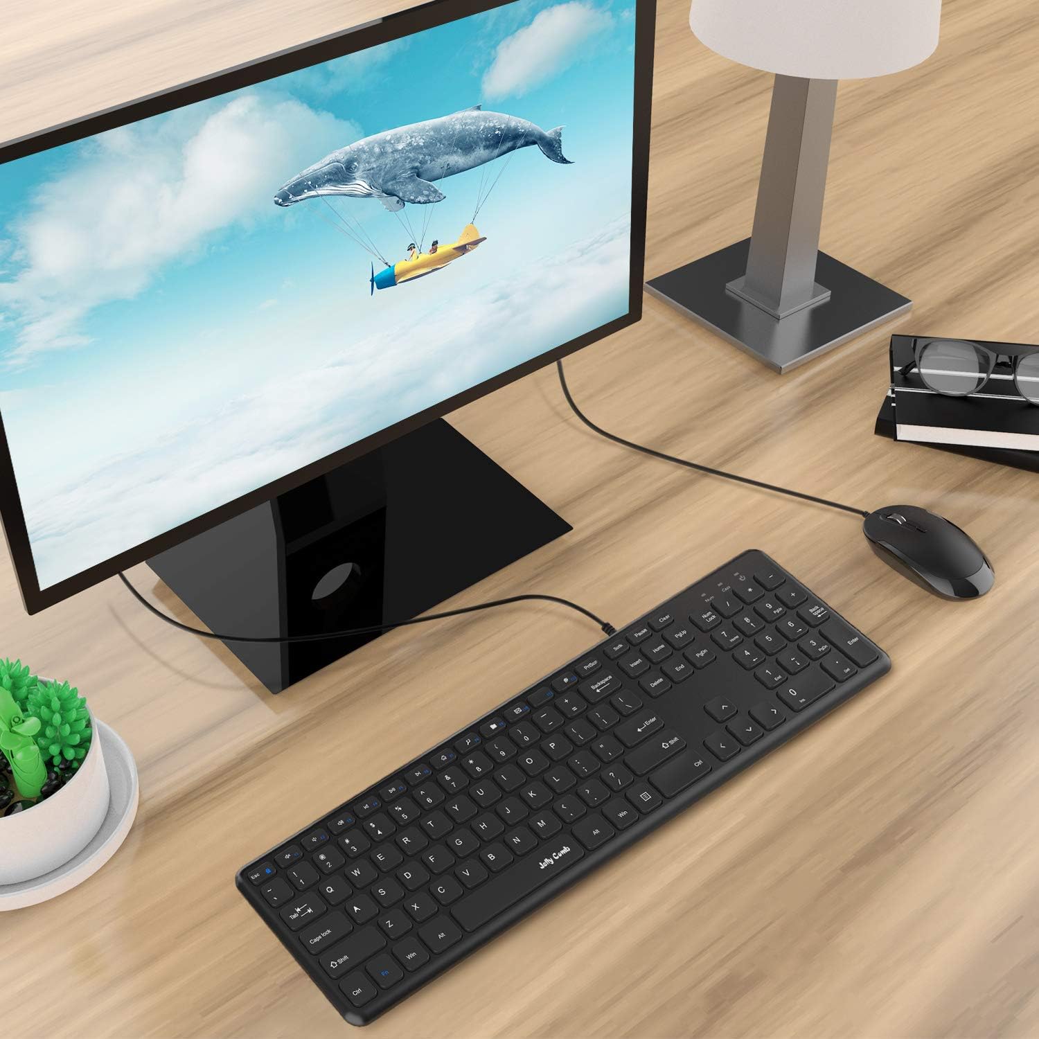 Wired Keyboard and Mouse, Jelly Comb Ultra Thin Full Size USB Wire Corded Keyboard Mouse Combo Set with Number Pad for Computer, Laptop, PC, Desktop, Notebook, Windows 7, 8, 10 (Black): Computers & Accessories