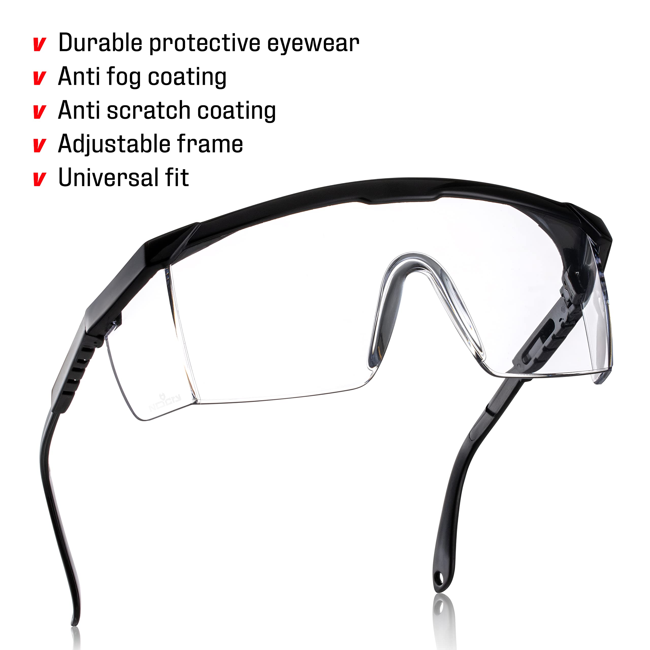 NoCry Protective Safety Glasses with Anti Fog Coating, Tough and Clear, ANSI Z87.1 Rated, Scratch Resistant Lenses, Light, Adjustable Frames and Side Protection Shields