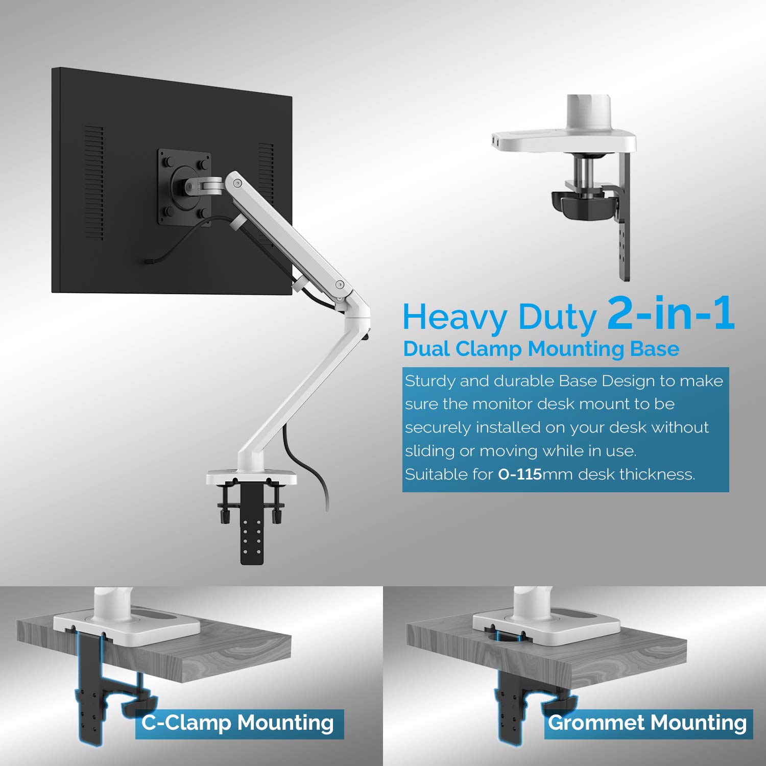 Bemorergo Monitor Mount Stand - Adjustable Single Arm Desk Vesa Mount, Gas Spring Single Monitor Mount, with 2-in-1 Heavy Duty Base, Fits 17 to 32 inch LCD Computer Monitors up to 21lbs, Aluminum