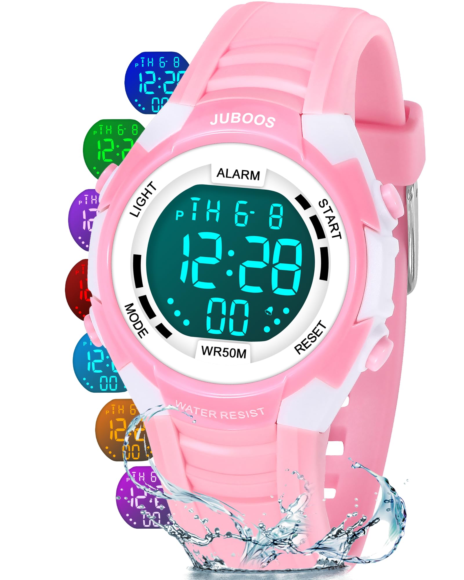 Juboos Kids Digital Watch,Watches for Girls Boys,Children's Waterproof Wrist Watches with Print and Colourful Lights,Toddler Watch with Cat Ears for Boys Girls (Light Pink) (Pink-White)