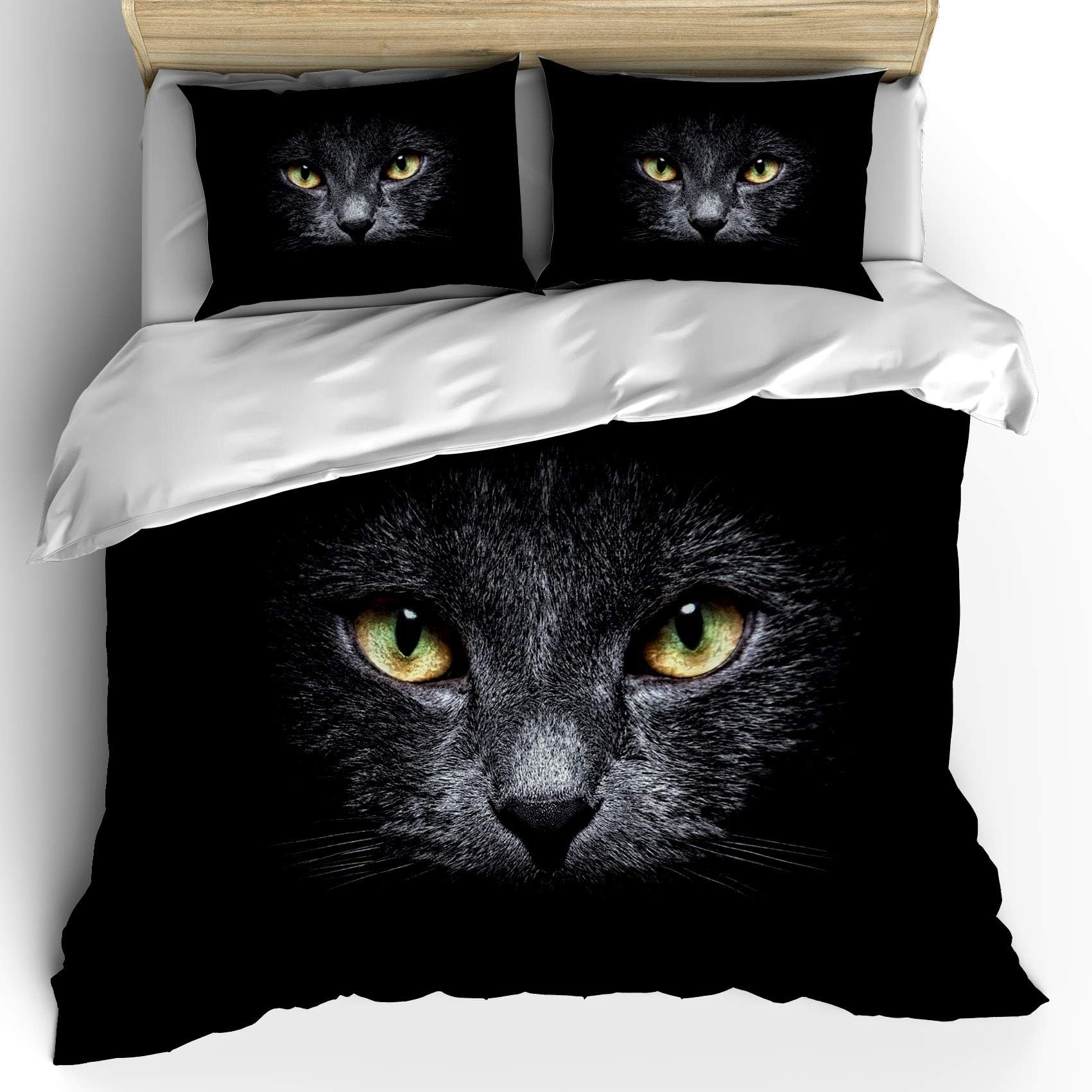 FEIDANNO Cat Duvet Cover Set Queen Size,Limpidity Eyed cat in The Dark Print,Decorative 3 Piece Bedding Set with 2 Pillow Shams.(Black,Queen)