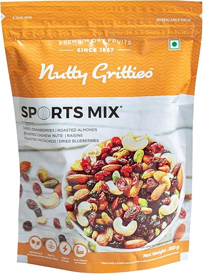 Nutty Gritties Sports Mix - Roasted Almonds, Cashews, Pistachios, Dried Blueberries, Cranberries and Raisins - 350 GMS