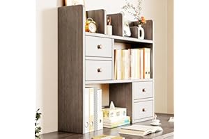 Wood Desktop Bookshelf, Small Bookcase with Drawer and Open Storage, 3 Tier Desk Organizer Shelf, Office Tabletop Organizer D