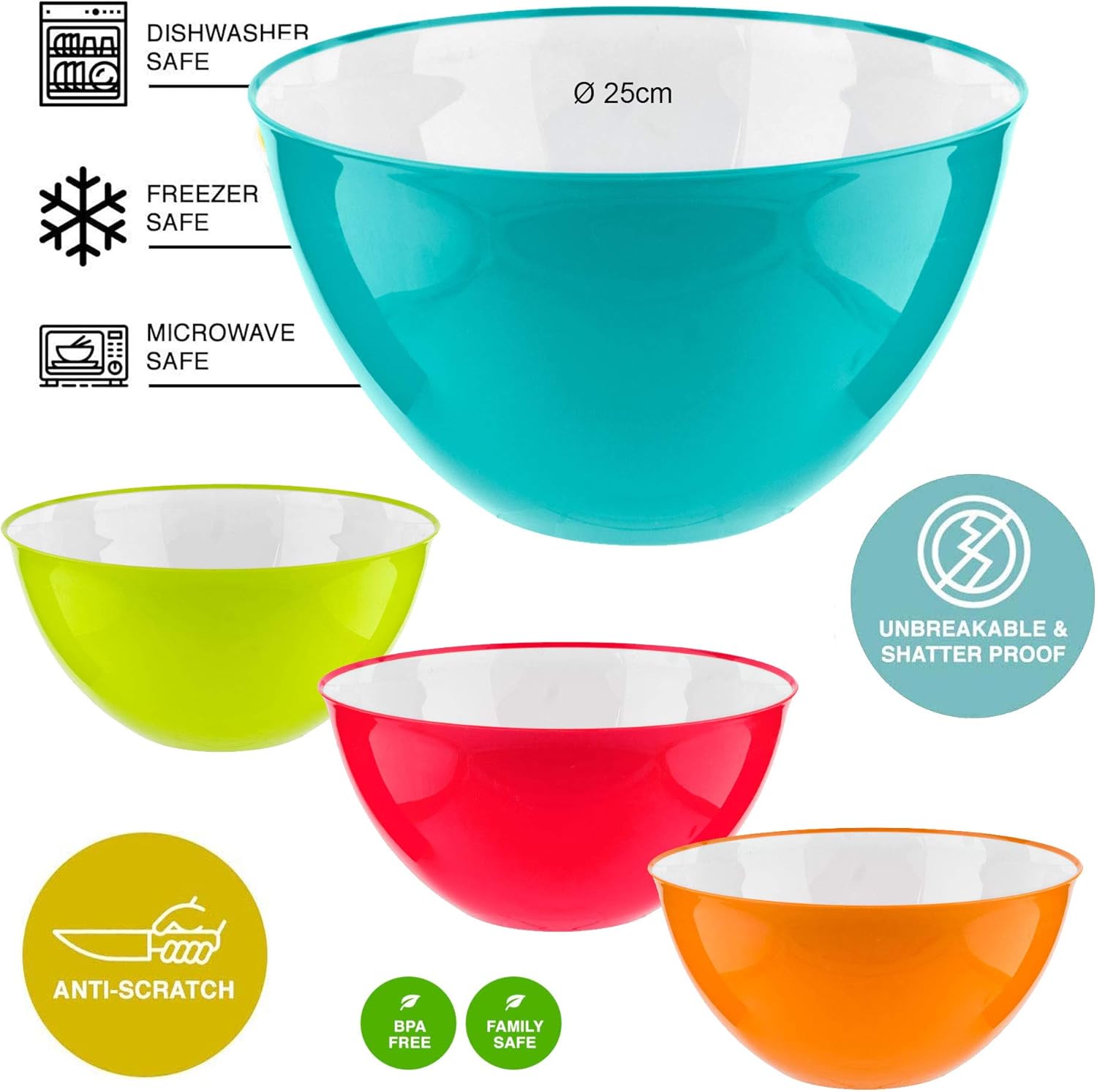 HOMESHOPA Large Salad Bowl Set of 2 Blue & Green 25 cm, Unbreakable & Lightweight Reusable Plastic Serving Bowls, Microwave - Image 3