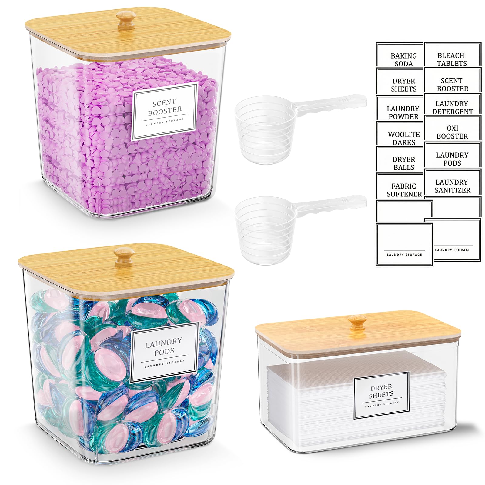 Photo 1 of 2+1 Pack Laundry Pods Container,Clear Laundry Detergent Powder Storage Containers,Laundry Room Organization Containers with Wooden Lids & Labels,Laundry Pods Holder for Scent Booster,Dryer Ball