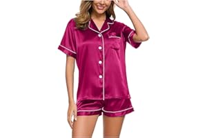 FAVIPT Satin Pajama Set For Women Soft Two Piece Pj Sets Short Sleeve Silk Button Down Shirts Shorts Casual Loungewear Set
