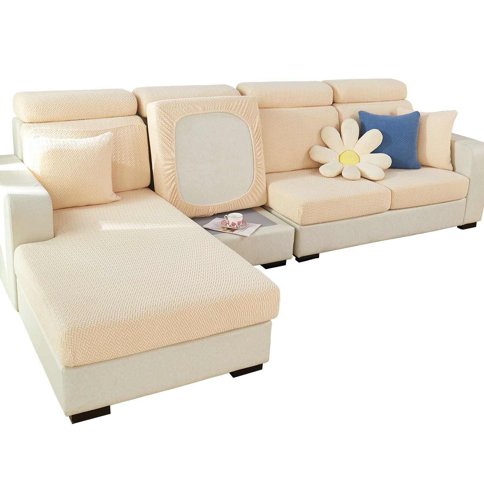 Super Stretch Sofa Cover 1 2 3 4 Seater L Shape, WearResistant Spandex Corner Sofa Cover Non Slip Sofa Slipcovers with Elastic Bottom, Great for Kids & Pets (Weave Light Apricot, Backrest Cover)