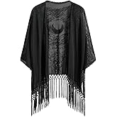 BEAUDRM Women's Goth Fringe Kimonos Tops Whimsical Sheer Shawl Cardigan | Witchy Clothes, Fringe Tops, Goth Outfits, Costumes, Boho Hippie Shawl, Mesh Beach Cover Up