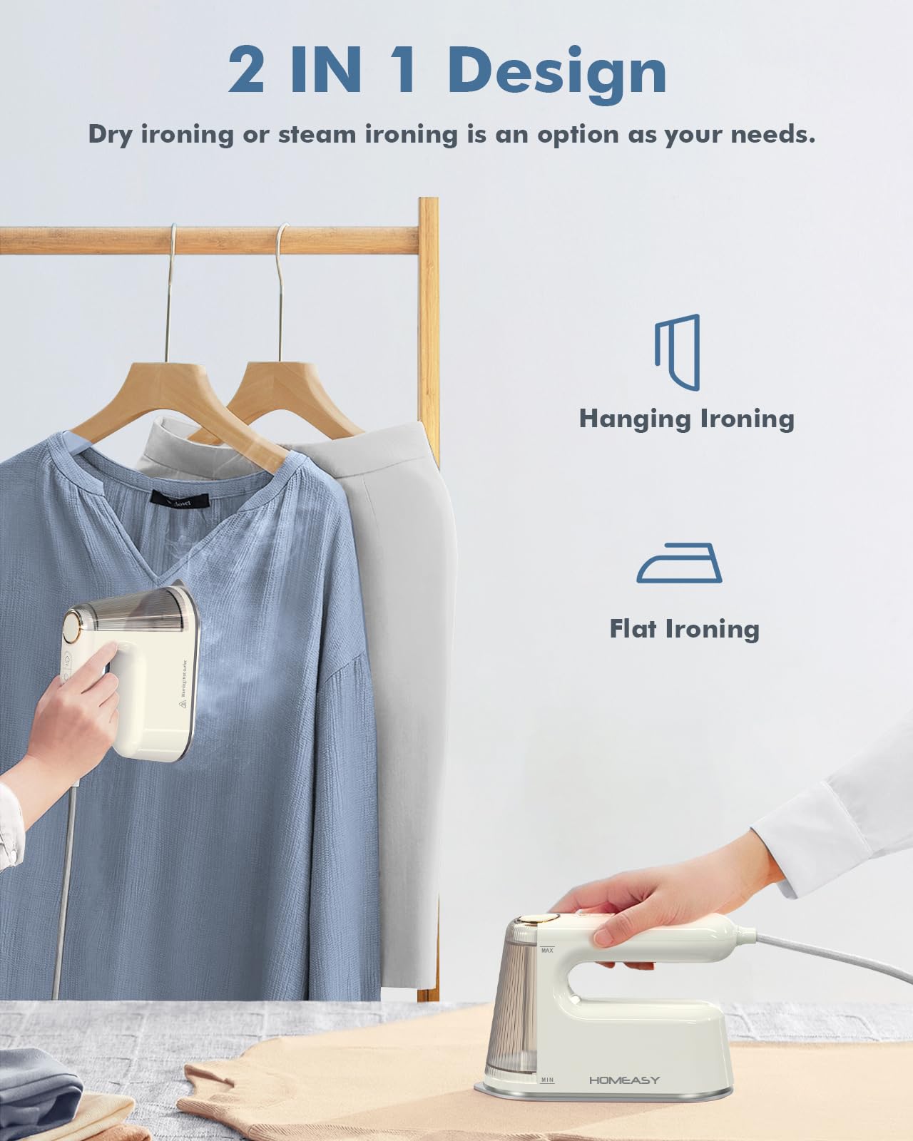 Travel Steamer for Clothes Portable, HOMEASY Mini Steam Iron, 2 in 1 Garment Clothes Steamer Handheld with Detachable Water Tank for Home & Travel, Fast Heat up, 1200W