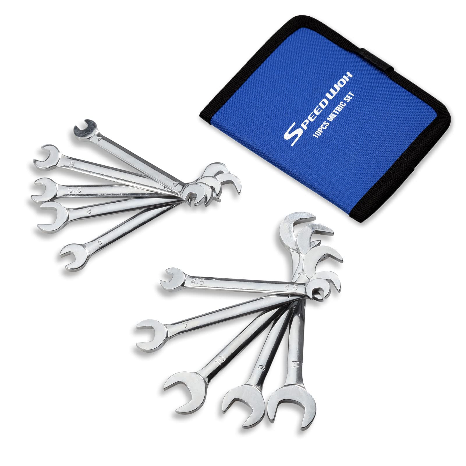 SPEEDWOX Mini Double Open End Wrench Set Metric 4mm-11mm 10pcs Super-Thin Angle Head Spanner with Storage Pouch for Assembling Furniture Small Equipment, Silver (GDOMW10-1394)