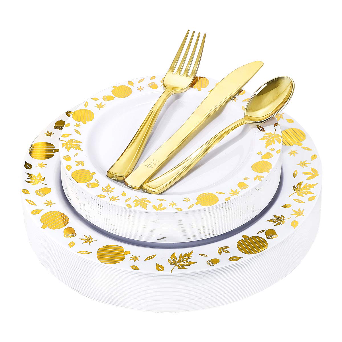Photo 1 of WDF 150pcs Gold Plastic Plates with Disposable Plastic Silverware - Premium Thanksgiving Dinnerware Sets for Thanksgiving Day&Parties
