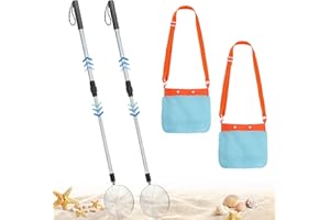 BIGGUN 2 Pack Sand Sifter with Seashell Bags - 21.6"~33" Adjustable Shark Tooth Sifter for The Beach Seashell Collecting, Mesh Shovel Scooper with Retractable Handle, Beach Toys for Adults Family Kids