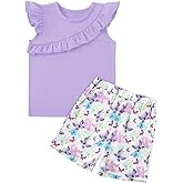 DISAUR Girls Summer Clothes 2 Piece Outfits Ruffle Sleeveless Top and Floral Shorts with Pockets Girls Clothing Sets 4-8Y