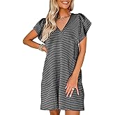 Acelitt Womens Casual Summer V Neck Cap Sleeve Shift Mini Dress with Pockets, S-XXL