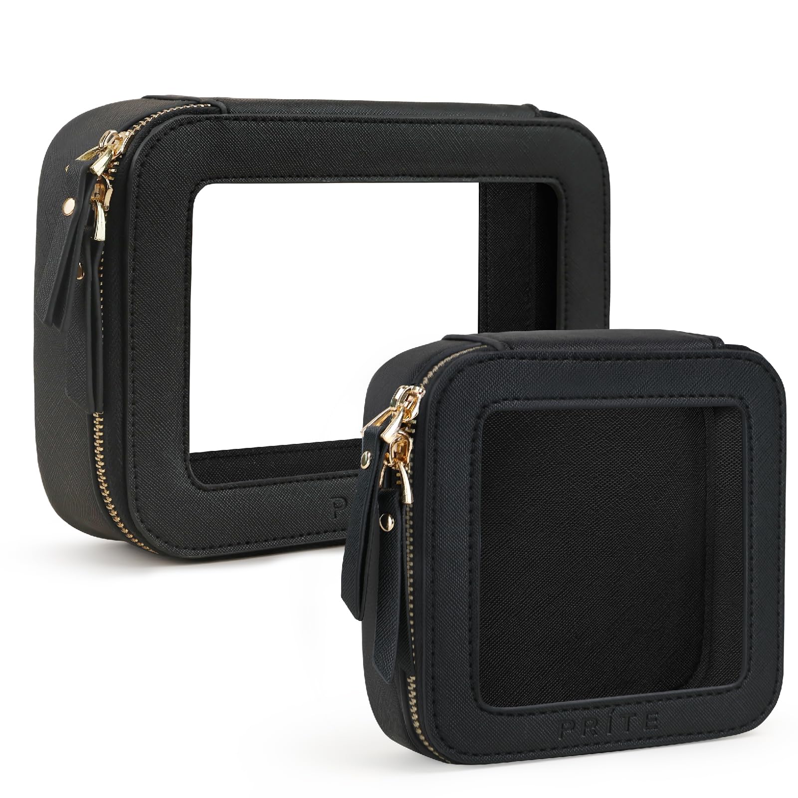 Prite Clear Makeup Bag Set for Women Portable Clear Makeup Bag Cute Waterproof Travel Cosmetic Bag with Gold Zipper for Car Essentials(Black) Image