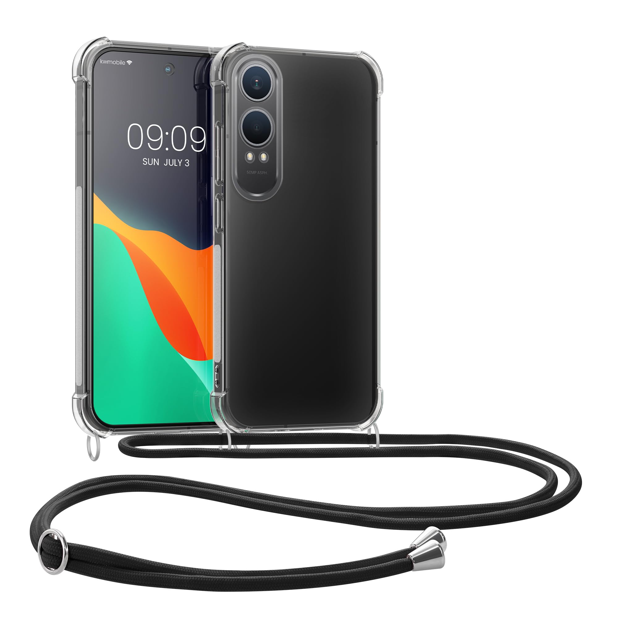 kwmobile Crossbody Case Compatible with OnePlus Nord CE 4 Lite 5G Case - Clear TPU Phone Cover w/Lanyard Cord Strap - Transparent/Black