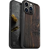 Carveit Magnetic Wood Case for iPhone 14 Pro Max [Natural Wood & Black Soft TPU] Unique & Classy Wooden Shockproof Protective Cover Compatible with magsafe (Vintage Compass -Blackwood)