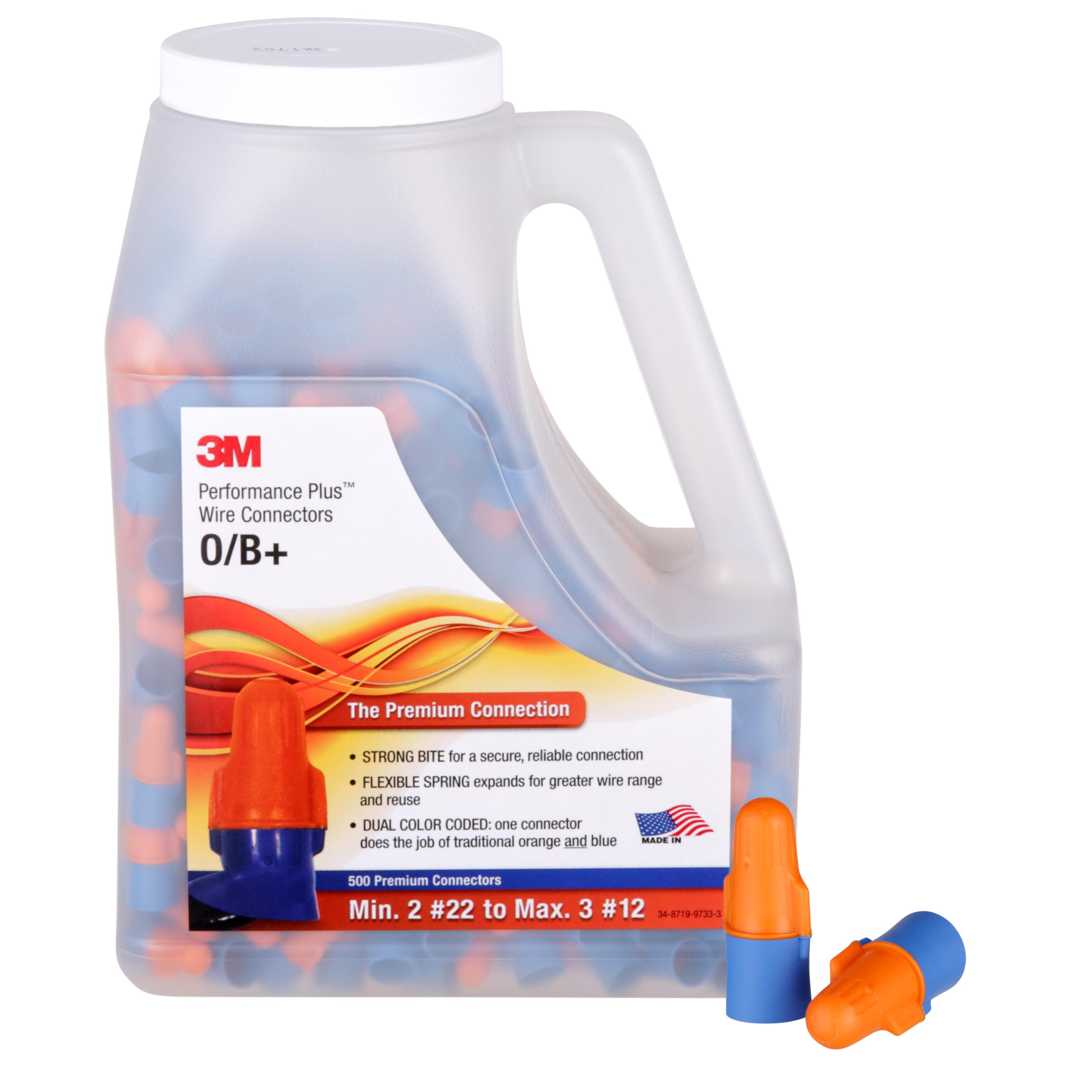 Photo 1 of 3M Performance Plus Wire Connector, O/B+JUG, Orange/Blue, Flexible Steel Spring Connectors, Twist On, CSA Certified, UL Listed, Jug of 500, 22-12 AWG