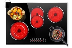 HOBSIR HOB Hobsir 30 Inch Electric Cooktop, 5 Burners Cooktop, Electric Stove Top Burner, 8400W Drop-in Ceramic Stove Cooktops with Glass Metal Frame, Timer, Safety Lock, 220-240V, Hard Wired (No Plug) Cooktops