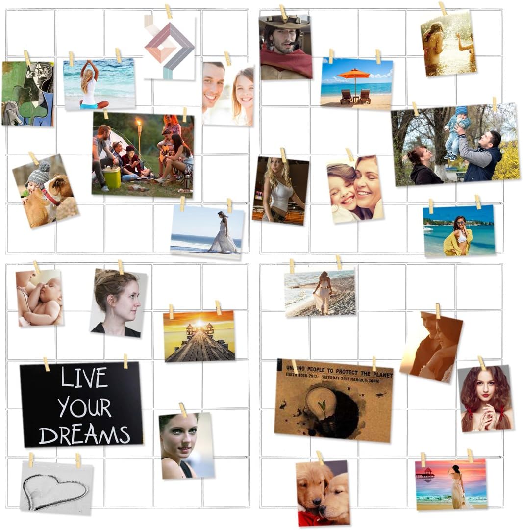 Photo Hanging Display for Wall Decor,4 Pcs Multifunction Metal Mesh Wire Grid Panel with 30 Clips (White)