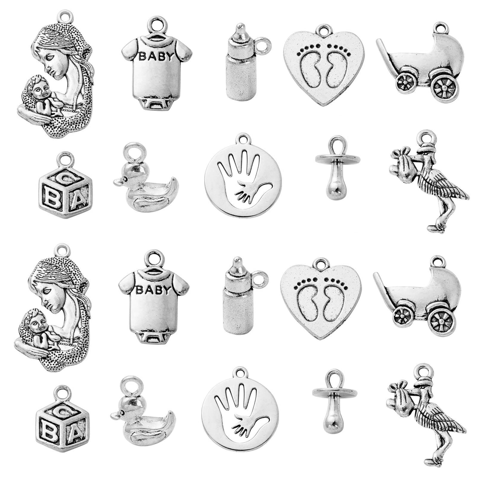 Stiesy 100Pcs 10 Styles Vintage Mother's Day Charms Tibetan Silver Growth Memory Charm Antique Footprint Feeding Bottle Charms for DIY Crafts Jewellry Making
