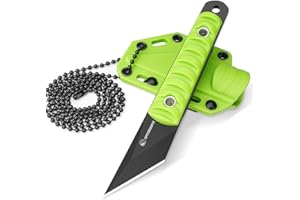 SPITZKANTE 5.79" Compact Neck Knife, Full Tang Fixed Blade Kiridashi Knife with Neon Green Sheath, 5Cr14MoV Stainless Steel, Outdoor Tool for Hiking, Camping