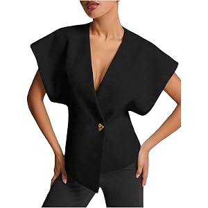 Milumia Women's V Neck Tops Short Sleeve Waistcoat Button Down Shirt | Asymmetrical Hem, Shoulder Pads, Metal, Office, Daily,