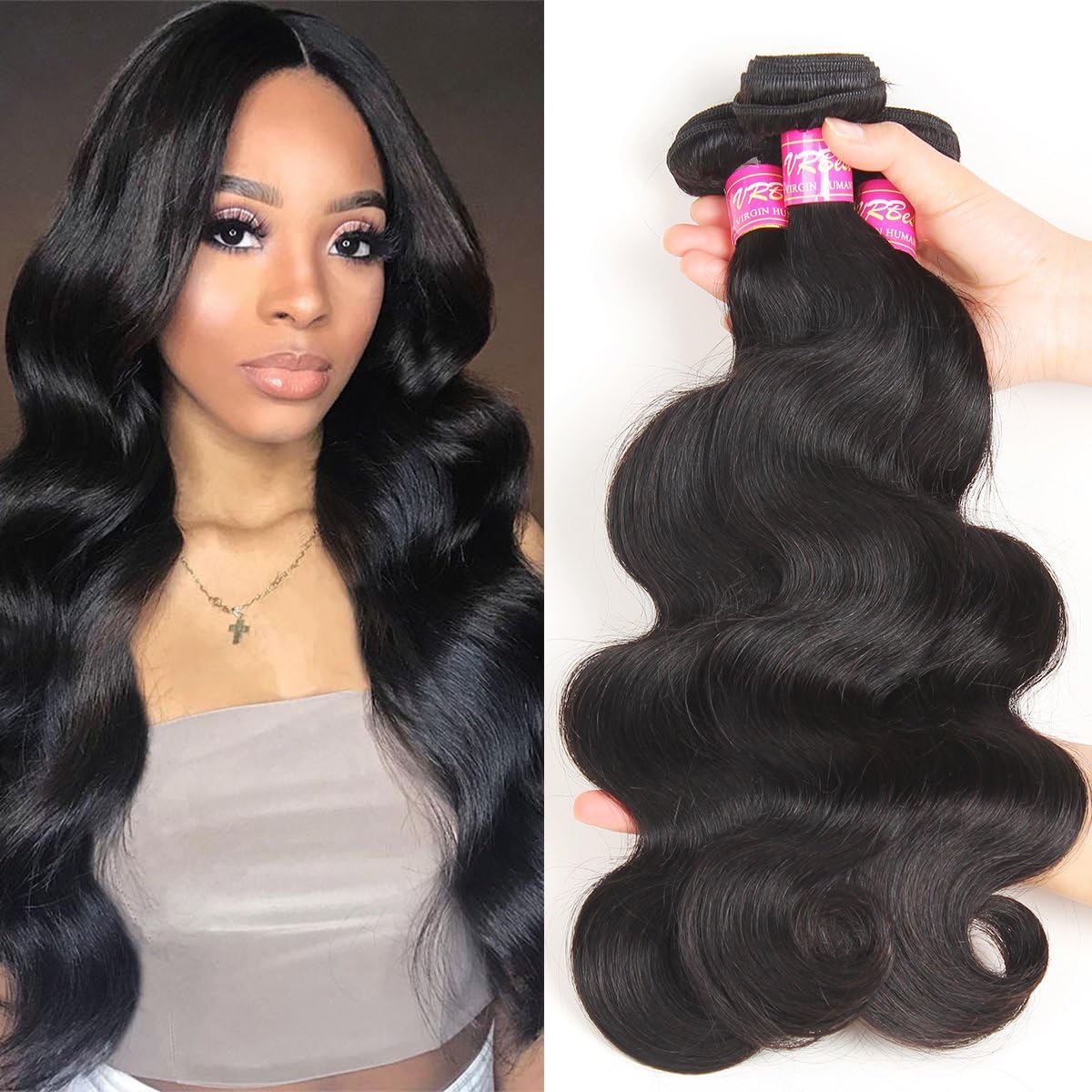 VRBest Hair Brazilian Body Wave Virgin Hair 3 Bundles 10A 100% Unprocessed Virgin Human Hair Bundles Weave Extensions Natural Black Color Remy Hair (16 18 20)