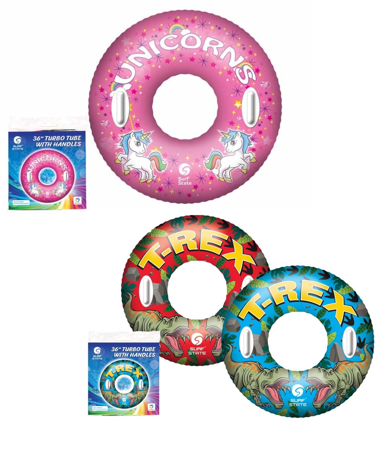 36" Unicorn Pink swim ring, or Dinosuar T-Rex design Swim Tube, 36" Inflatable RingTurbo tube with Handles, Beach and Pool Float Toy for Kids (T-REX)