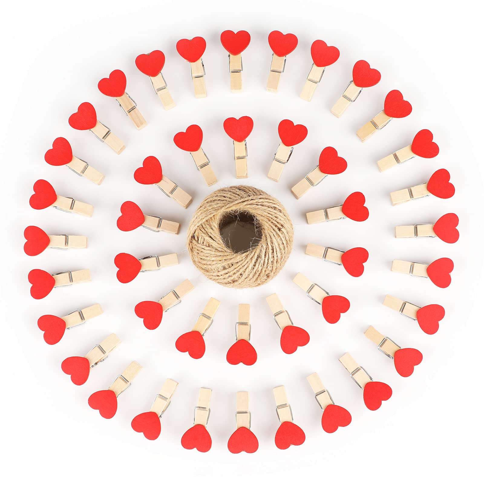 jijAcraft 100Pcs Heart Wooden Pegs: 3.5cm Red Mini Photo Pegs and String Wooden Clothes Pegs Heart Craft Clips Photo Display Clips for Wedding Hanging Photos Cards Decoration