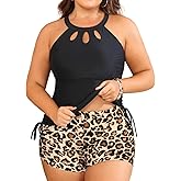 Aqua Eve Women Two Piece Plus Size Swimsuit High Neck Tankini Set Tummy Control Bathing Suit with Shorts