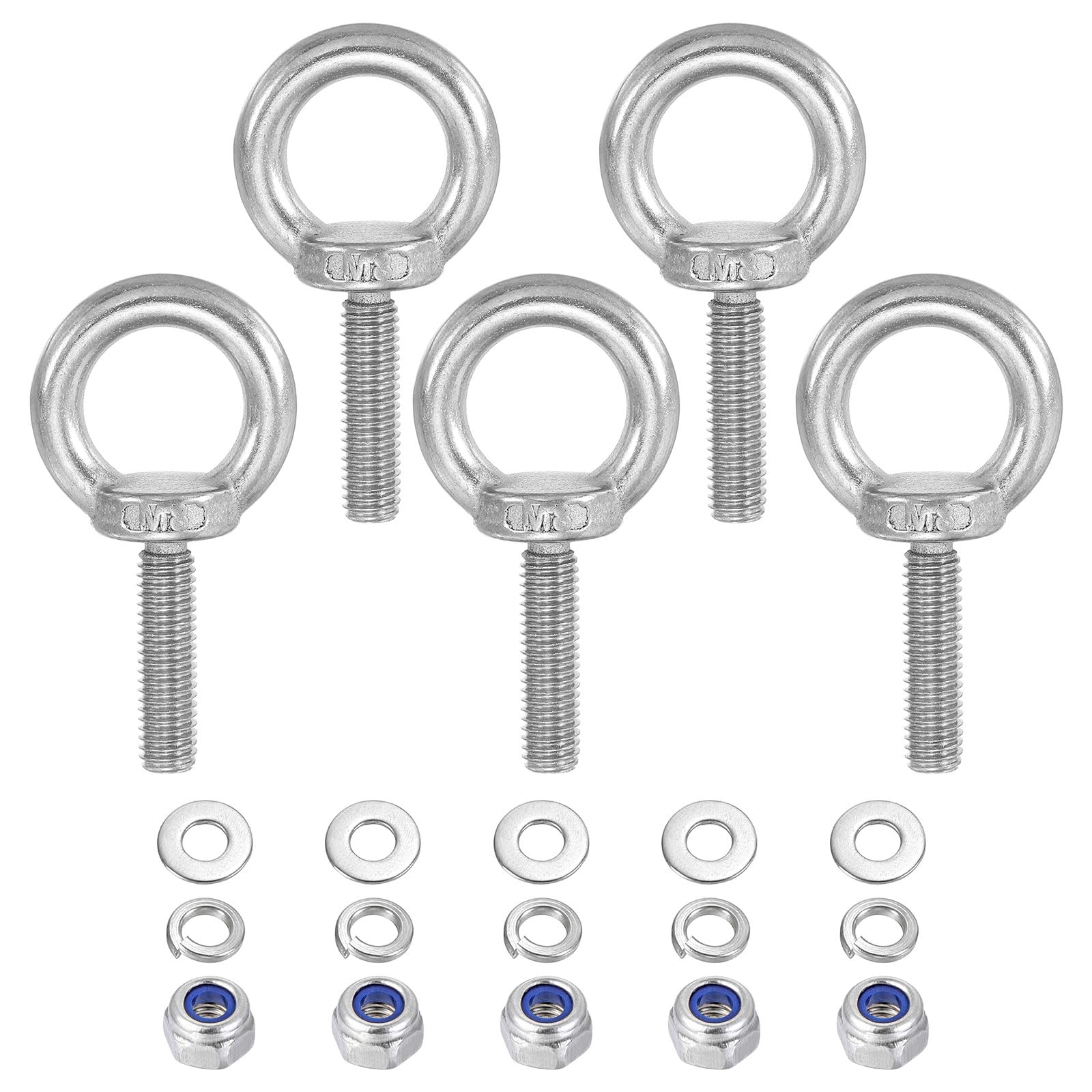 PATIKIL M8 x 30mm Lifting Shoulder Eye Bolt, 5Pcs 304 Stainless Steel Lifting Ring Threaded Eyebolt with Nuts Washers for Hanging Hammocks Articles