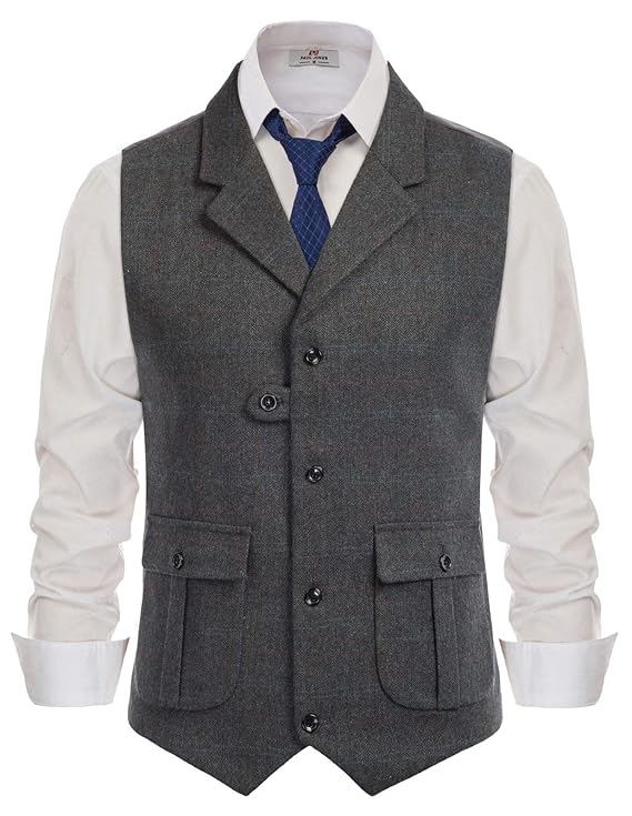 Buy Plaid Wool Tweed Vest Men Vintage Herringbone Notched Collar Vests