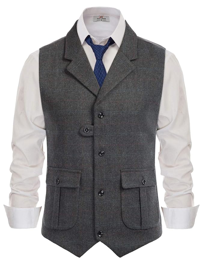 Buy Plaid Wool Tweed Vest Men Vintage Herringbone Notched Collar Vests