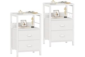Furologee Nightstands Set of 2, End Table with 2 Fabric Drawers, Night Stand with 2 Hooks, Open Wood Shelf Bedside Table for Bedroom/Living Room/White