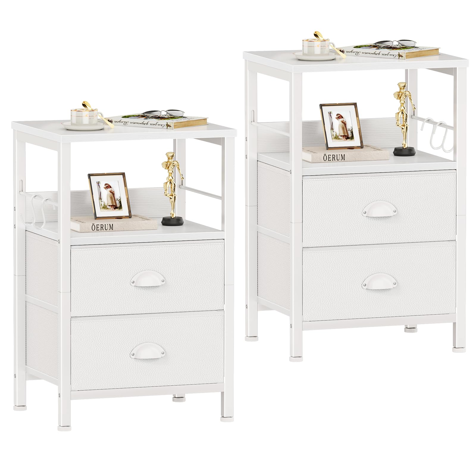 Photo 1 of ***FACTORY SEALED***Furologee Nightstands Set of 2, End Table with 2 Fabric Drawers, Night Stand with 2 Hooks, Open Wood Shelf Bedside Table for Bedroom/Living Room/White