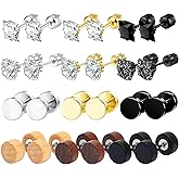 NEWITIN 12 Pairs Stainless Steel Stud Earrings for Men Hypoallergenic Earring Flatback Black Earring Set Screw Back Studs Inlaid Cubic Zirconia Stud Earrings for Women Men